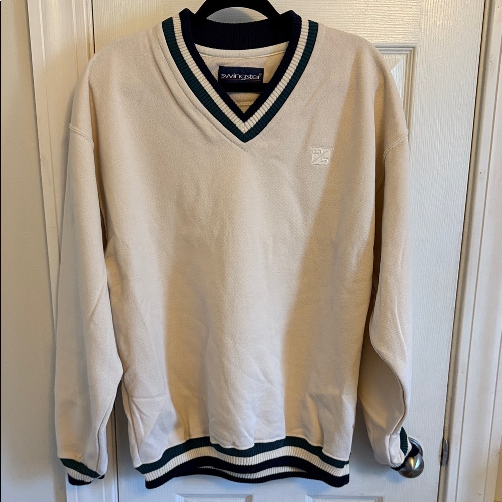 Swingster Beige V-Neck Sweater with Dark BlueTrim